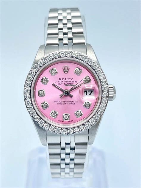 ladies rolex pink diamond dial|Rolex pink face with diamonds.